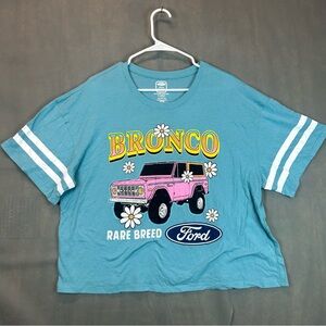 Ford Bronco Blue Women's XL T-shirt Striped Sleeves "Rare Breed" Retro Cropped